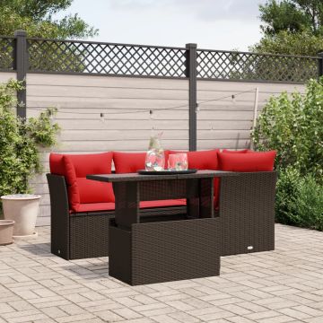 Set Divani da Giardino 5 pz con Cuscini Marrone in Polyrattan