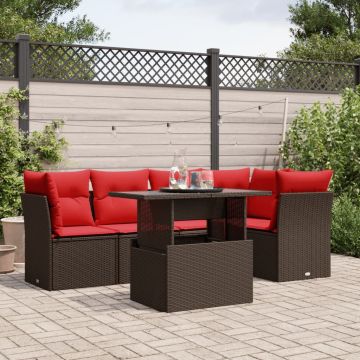 Set Divani da Giardino 6 pz con Cuscini Marrone in Polyrattan