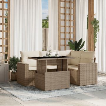 Set Divano da Giardino 5 pz con Cuscini Beige in Polyrattan