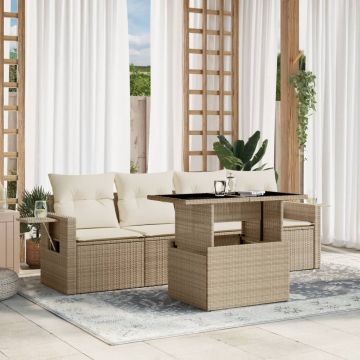 Set Divano da Giardino 5 pz con Cuscini Beige in Polyrattan