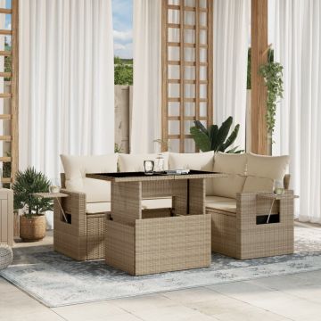 Set Divano da Giardino 5 pz con Cuscini Beige in Polyrattan