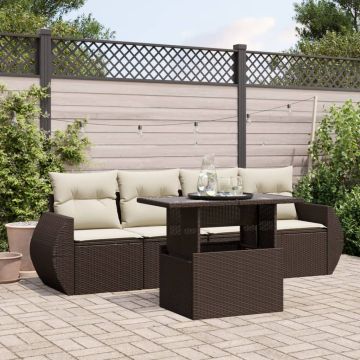 Set Divano da Giardino 5 pz con Cuscini Marrone in Polyrattan