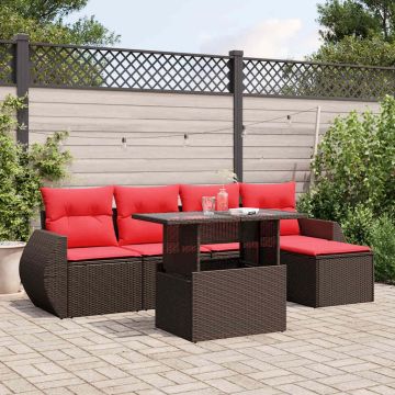 Set Divani da Giardino 6 pz con Cuscini Marrone in Polyrattan