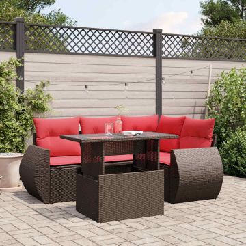 Set Divani da Giardino 5 pz con Cuscini Marrone in Polyrattan