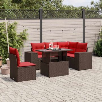 Set Divani da Giardino 6 pz con Cuscini Marrone in Polyrattan