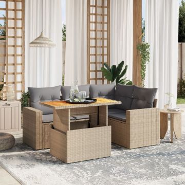 Set Divano da Giardino 5 pz con Cuscini Beige in Polyrattan