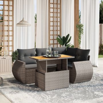 Salotto da esterno 5 pz in polyrattan grigio con cuscini