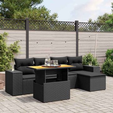 Salotto da esterno in polyrattan nero, 6 pezzi con cuscini