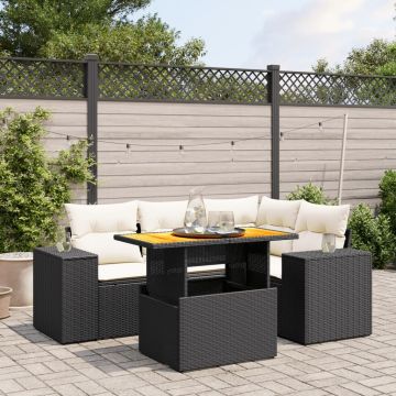 Salotto da giardino 5 pz in rattan PE nero, cuscini crema