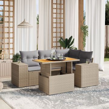 Salotto da esterno 5 pz beige in polyrattan con cuscini grigi