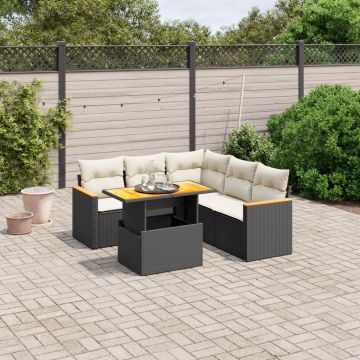 Set da esterno 6 pezzi in rattan PE nero con cuscini color crema