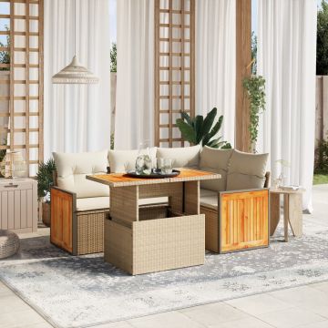 Set Divano da Giardino 5 pz con Cuscini Beige in Polyrattan