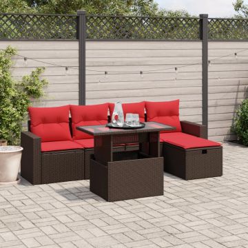 Salotto da giardino 6 pz in polyrattan marrone con cuscini rossi sfoderabili