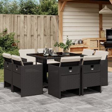Set da pranzo nero per giardino in polyrattan con vetro