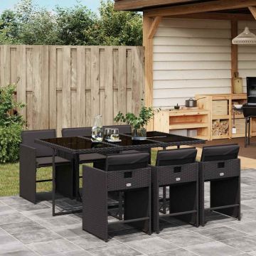 Set Pranzo Giardino 6 Sedie Nero Rattan PE e Vetro