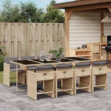 Set Pranzo da Giardino 9 pz Rattan PE Beige Misto con Cuscini