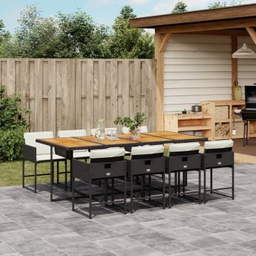 Salotto pranzo giardino 9 pz in polyrattan nero e cuscini
