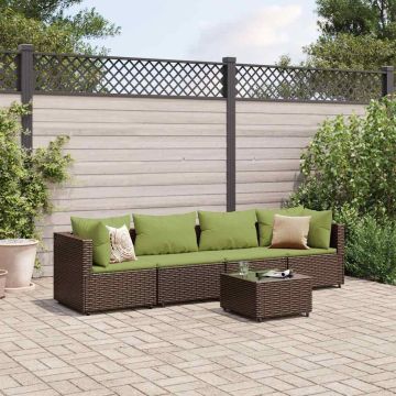 Set Divani da Giardino 5 pz con Cuscini Marrone in Polyrattan