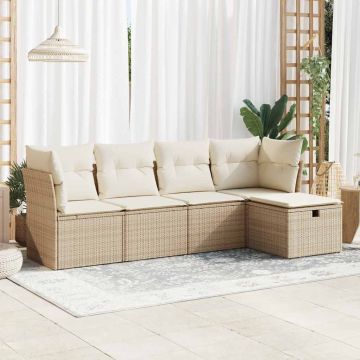 Set Divano da Giardino 5 pz con Cuscini Beige in Polyrattan