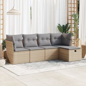 Set Divano da Giardino 5 pz con Cuscini Beige in Polyrattan