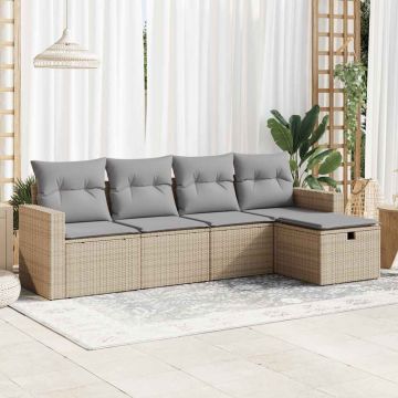 Set Divano da Giardino 5 pz con Cuscini Beige in Polyrattan