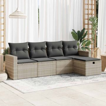 Set Divano da Giardino 5pz con Cuscini Grigio Chiaro Polyrattan