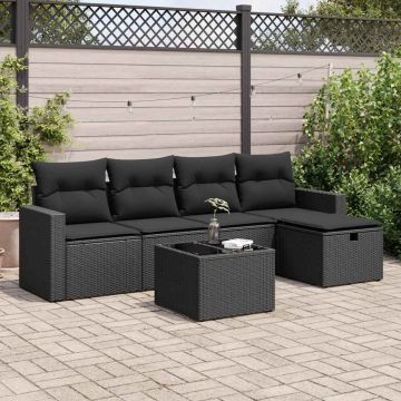 Set Divano da Giardino 6 pz con Cuscini Nero in Polyrattan