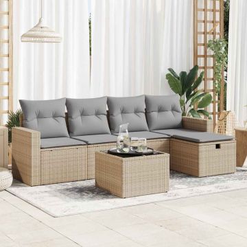 Set Divano da Giardino 6 pz con Cuscini Beige in Polyrattan
