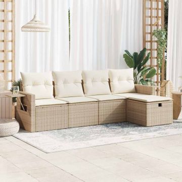 Set Divano da Giardino 5 pz con Cuscini Beige in Polyrattan