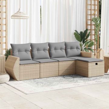 Set Divano da Giardino 5 pz con Cuscini Beige in Polyrattan