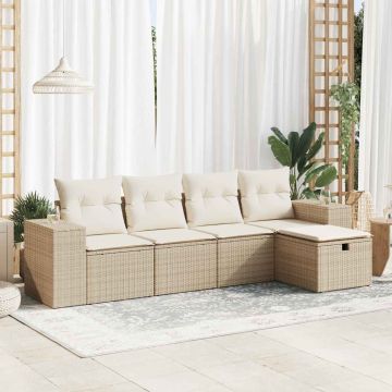 Set Divano da Giardino 5 pz con Cuscini Beige in Polyrattan