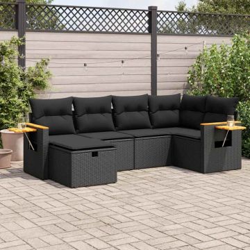 Set Divano da Giardino 6 pz con Cuscini Nero in Polyrattan