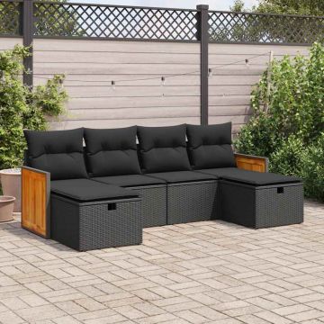Set Divano da Giardino 6 pz con Cuscini Nero in Polyrattan