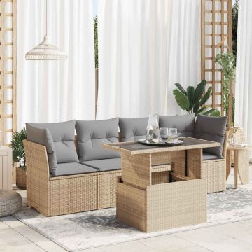 Set Divano da Giardino 5 pz con Cuscini Beige in Polyrattan