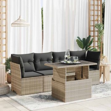 Set Divano da Giardino 5pz con Cuscini Grigio Chiaro Polyrattan