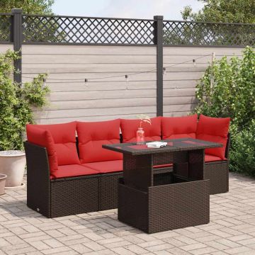 Set Divano da Giardino 5 pz Cuscini Marrone Polyrattan e Acacia