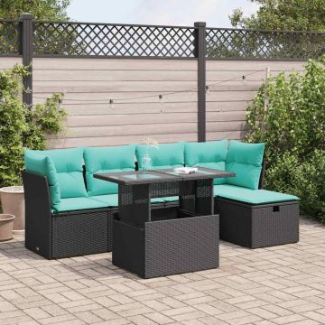 Set Divano da Giardino 6 pz con Cuscini Nero Polyrattan Acacia