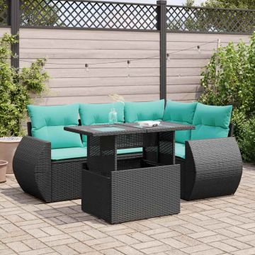 Set Divani da Giardino 5 pz con Cuscini Nero Polyrattan Acacia