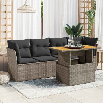 Set Divano da Giardino 5 pz con Cuscini Grigio in Polyrattan