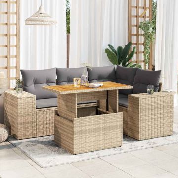 Set Divano da Giardino 5 pz con Cuscini Beige in Polyrattan