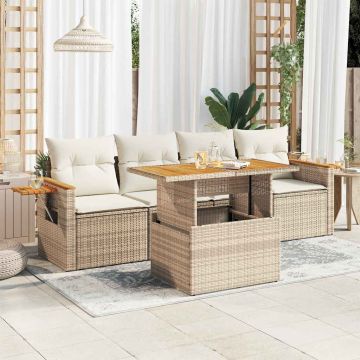 Set Divano da Giardino 5 pz con Cuscini Beige Polyrattan Acacia