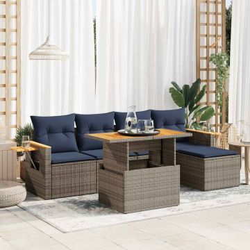 Set Divano da Giardino 6pz con Cuscini Grigio Polyrattan Acacia
