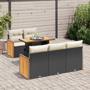 Set Divano da Giardino 6 pz con Cuscini Nero Polyrattan Acacia