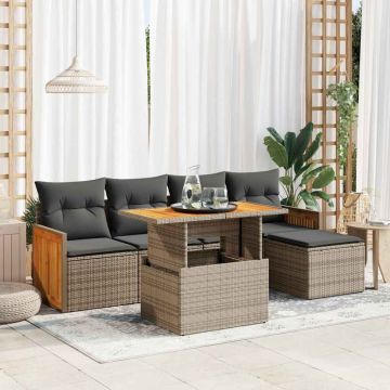 Set Divano da Giardino 6pz con Cuscini Grigio Polyrattan Acacia