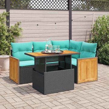 Set Divani da Giardino 5 pz con Cuscini Nero Polyrattan Acacia