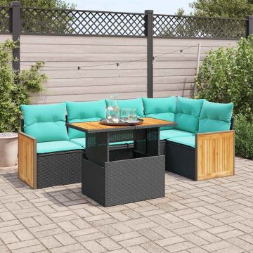 Set Divano da Giardino 6 pz con Cuscini Nero Polyrattan Acacia