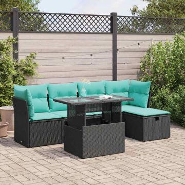 Set Divano da Giardino 6 pz con Cuscini Nero Polyrattan Acacia
