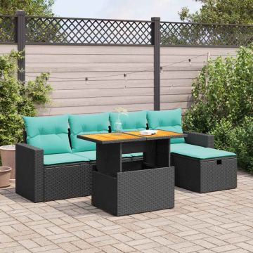 Set Divano da Giardino 6 pz con Cuscini Nero Polyrattan Acacia