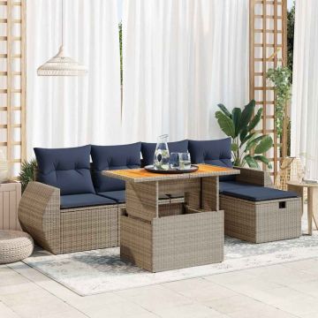 Set Divano da Giardino 6 pz con Cuscini Nero Polyrattan Acacia