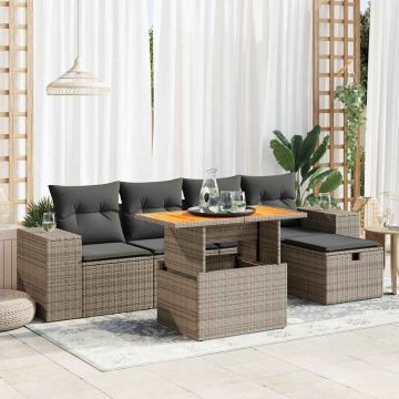 Set Divano da Giardino 6pz con Cuscini Grigio Polyrattan Acacia